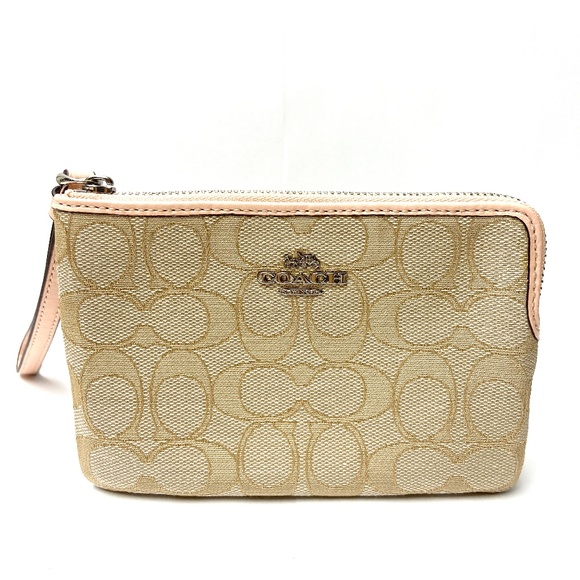 Coach Signature Canvas Corner Zip Wristlet - Light khaki Light Pink - Picture 1 of 5